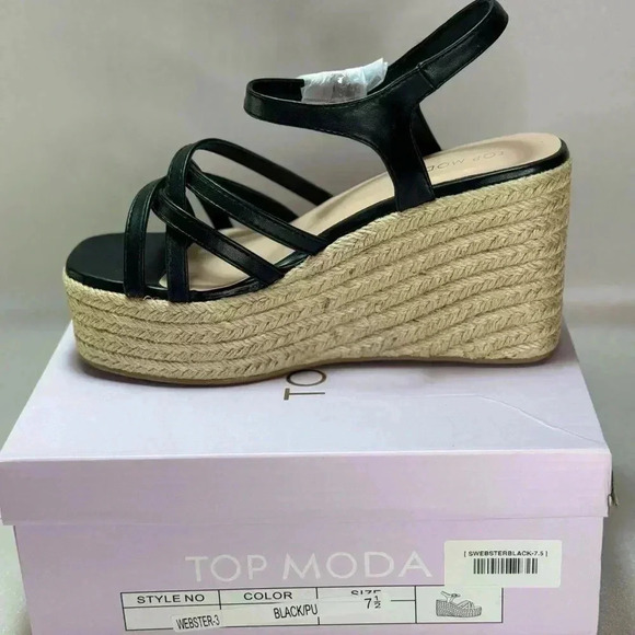 Black Strappy Wedge Sandals Black Size 7.5 Summer - Picture 2 of 10